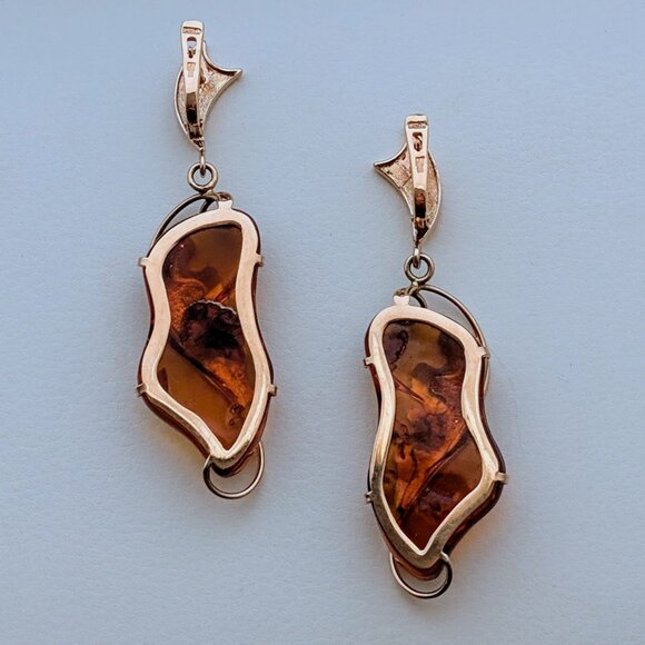 Russian Russia 14K 585 Rose Pink Gold Baltic Honey Amber Dangle Drop Earrings - Picture 4 of 9